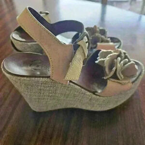 Bata Tan Leather Ankle Strap Linen covered Platform Wedge Sandal Size EU 36 US 6
